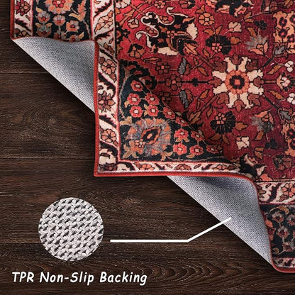 vivorug 9x12 Area Rugs for Living Room, Non Slip Machine Washable Vintage Red Floral Rug, Ultra-Thin Lightweight Large Area Rug for Bedroom, Dining Room, Low Pile