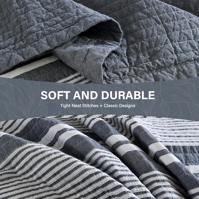 SahSahCasa 100% Cotton 120"×120" Oversized Bedspreads Coverlet, Striped California King XL Quilt Extra Large Bed Spread Lightweight Quilted Comforter, 3pcs, Slate Gray