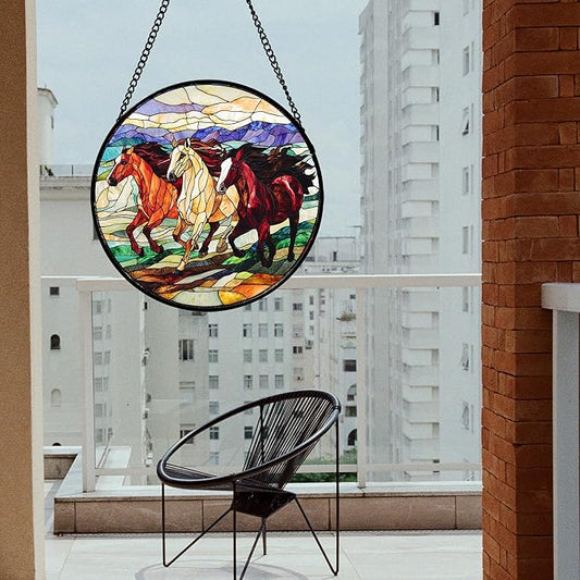 DASTOLL Stained Glass Window Hanging, Colorful Landscape Running Horse Suncatcher for Doors Window Home Sun Catchers Decoration Mother's Day Birthday Gifts for Women, Men, and Mom 11.8x11.8 in
