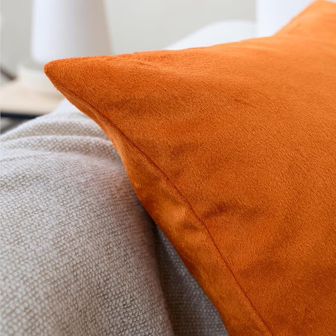 Encasa XO Velvet Throw Pillow Covers 16x16 in (40x40 cm) - Orange - No Inserts, Pack of 2 Cases | Solid Plain Dyed Soft & Smooth, Square Decorative Cushion Covers for Living & Bedroom