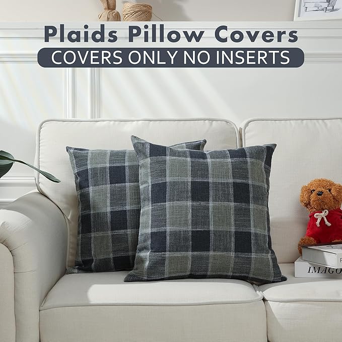 Stellhome Pack of 2 Linen Buffalo Check Throw Pillow Covers, Farmhouse Plaid Decorative Cushion Covers for Couch Sofa Living Room, 16x16 Inch, Dark Grey