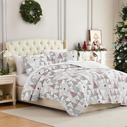 Southshore Fine Living, Inc. Full/Queen Size Christmas Quilt Set, Reversible Coverlet with 2 Shams, Holiday Queen Christmas Bedding Design - Red & Silver