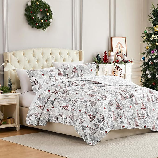 Southshore Fine Living, Inc. Full/Queen Size Christmas Quilt Set, Reversible Coverlet with 2 Shams, Holiday Queen Christmas Bedding Design - Red & Silver