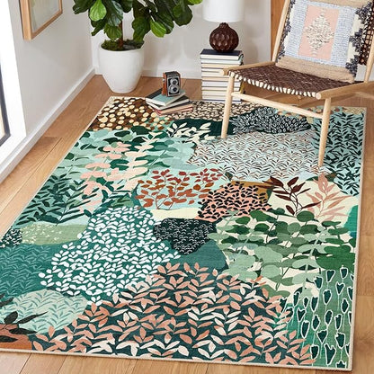 DEXDE Washable Area Rug 3x5 for Living Room, Abstract Small Boho Rugs Non Slip Soft Kids Room,Vintage Leaves Floral Carpet for Bedroom Entryway Kitchen Office Dining Room, Dark Green
