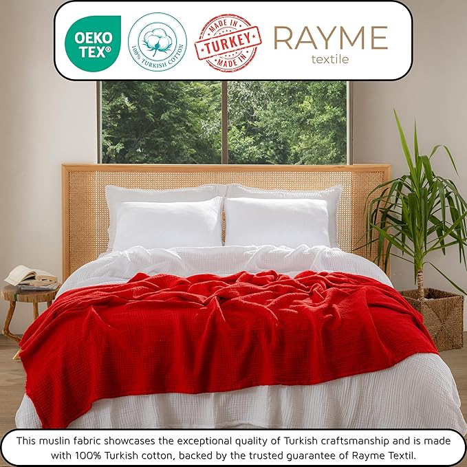 Muslin Blanket - Pure 100% Turkish Cotton Airy Soft Light Versatile Gauze Throw Blanket for Bed, Couch, Sofa (Red, Queen XL Size (95" x 95" inch))