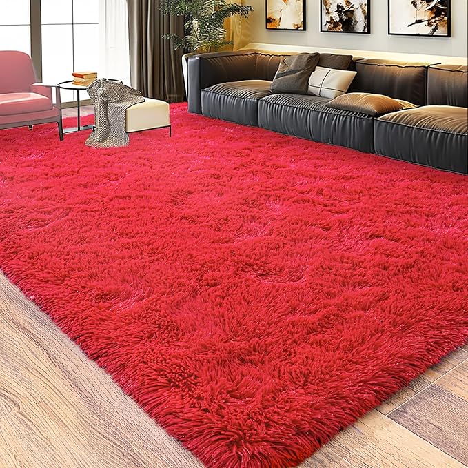 Large 9x12 Area Rugs for Living Room, Soft Shag Thick Fluffy Rug for Bedroom, Non Slip Plush Fuzzy Carpet for Girls Boys Kids Dorm Rug for Home Decor Aesthetic, Red