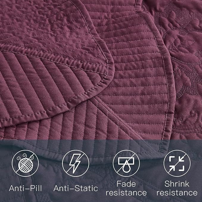 CHIXIN Bedspread Coverlet Quilt Set Full Size - Lightweight Bedding Cover - Beautiful Stitching - 5 Piece Reversible Bedspread - Gorgeous Damask Paisley Pattern (Full, Purple)