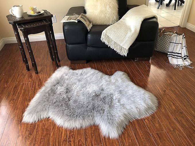 Free Shape Luxury Soft Fluffy Shag Area Rug Single 2’x3’, 60x90cm - Vegan Fur Ultra Soft Indoor Carpet Nursery Rugs for Bedroom Home Decor, Grey