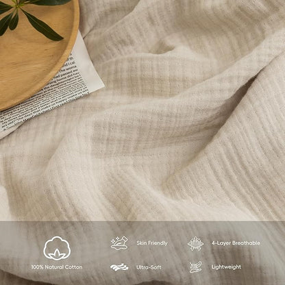 FOSSA Muslin Blanket with Fringe - 4-Layer 100% Cotton Gauze Super Soft & Breathable Throw -Lightweight Decorative Cooling Blanket for Bed, Sofa, Office -Oversize Queen Size 98" × 98" (Beige)