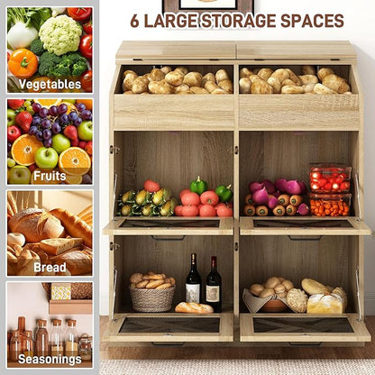 Large Wood Bread Box for Potato,Onion.Veggie Bin W/6 Large Storage Box.Root Vegetable Storage Box For Kitchen,Farmhouse Potato Storage Bin W/4 Mesh Doors,Bread Keeper for Toast,Bagel,Donut,Cookies