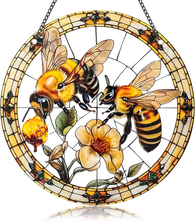Bee Window Hangings Decor - Acrylic Sun Catcher Ornaments with Hook & Chain,Art SunCatcher Pendant for Gifts Indoor Outdoor Home Wall Living Room Spring Summer Decoration (Double Bee)