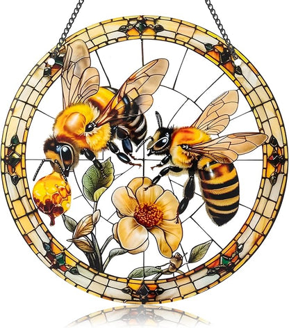Bee Window Hangings Decor - Acrylic Sun Catcher Ornaments with Hook & Chain,Art SunCatcher Pendant for Gifts Indoor Outdoor Home Wall Living Room Spring Summer Decoration (Double Bee)