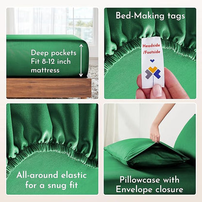 California Design Den Twin XL Bed Sheets Set - Natural 100% Cotton Sheets with Deep Pockets, Soft Sateen Weave, Breathable and Durable Bedding Set for Dorm Rooms, College (Emerald Green)