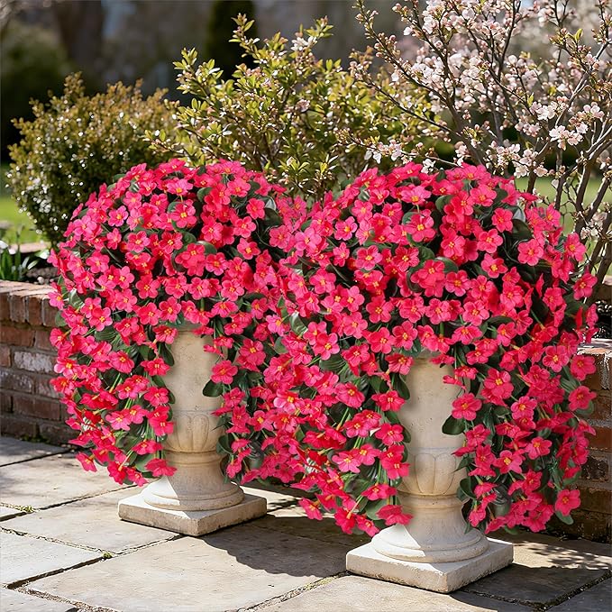 HyeFlora Artificial Fake Outdoor Outside Hanging Plants Flowers Vines for Spring Decoration, 2PCS Faux Silk Hotpink Daisy Mums UV Resistant Look Real Orchid Vine for Indoor Home Balcony Porch Planter