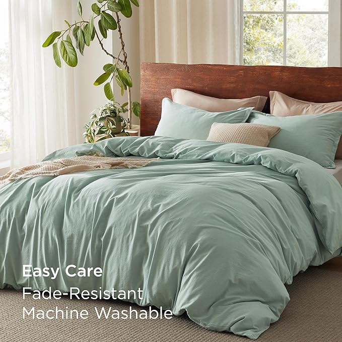 Bedsure 100% Washed Cotton Duvet Cover King Size - Sage Green Minimalist Cotton Duvet Cover Linen Like for All Seasons - GentleSoft™ Plain Simple Bedding (Sage Green, King, 104"x90")