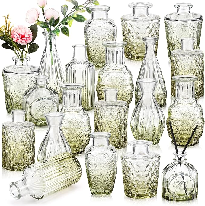 20 Pcs Glass Bud Vase Set Vintage Small Vases for Flowers in Bulk Cute Glass for Centerpieces Rustic Decorative for Wedding Table Home Christmas Decoration (Green)