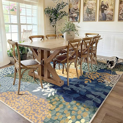 DEXDE Large Area Rugs 9x12 Living Room, Floral Washable Rug Boho Print Vintage Low Pile Non Slip Carpet for Bedroom Kids Room Nursery Office Dinning Room,Blue