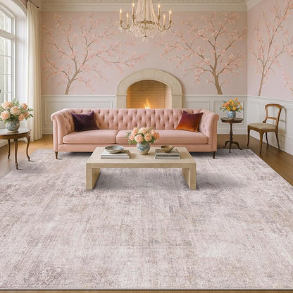 Pink and Grey Living Room Rug 8x10 - Modern Distressed Medallion Area Rug for Dining Room Under Table, Bedroom, Washable Non Slip High Traffic Low Pile Thin Floor Carpet