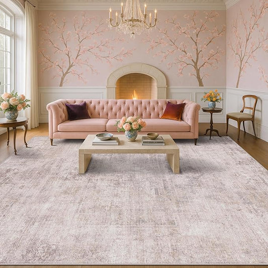 Modern Rugs for Living Room 10x14 - Contemporary Dusty Pink Extra Large Area Rug for Dining Room Table, Foldable Thin Lightweight Non Slip Abstract Distressed Medallion Print Pattern