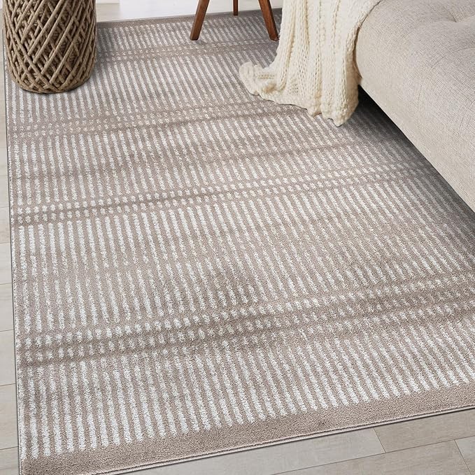Rugshop Contemporary Stripe Lines High Traffic Living Room,Bedroom,Kitchen, Home Office High Traffic Living Room,Bedroom,Kitchen, Home Office Area Rug 5' x 7' Beige