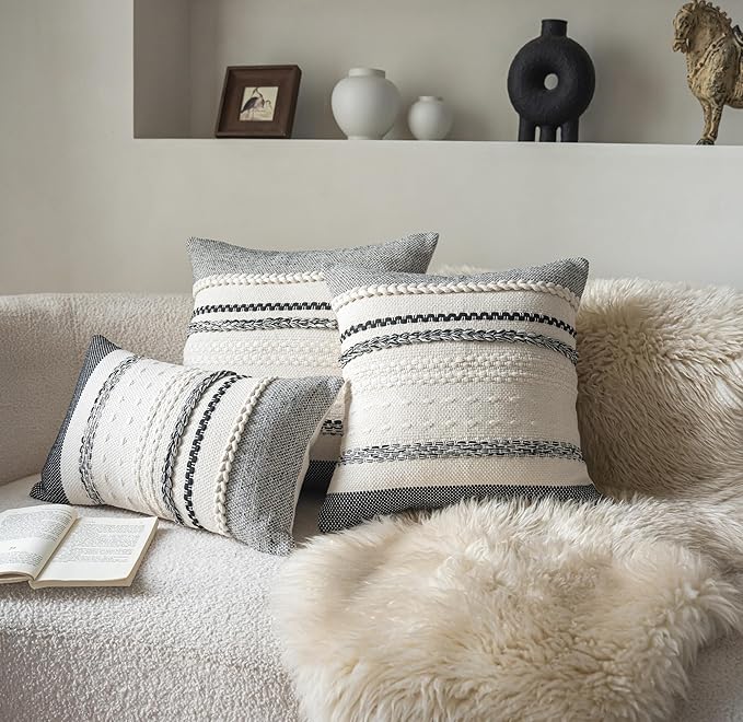 Boho Throw Pillow Covers 18x18 Inch Set of 2, Black Textured Decorative Couch Pillow Cases for Farmhouse Home Decor, Accent Cushion Cover for Sofa, Bed, Living Room, Bedroom