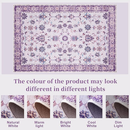 Tangsoo 4x6 Washable Area Rugs Non Slip, Boho Distressed Vintage Purple Floral Throw Rug for Bedroom Nursery, Soft Low Pile Floor Carpet Indoor Mat for Entrance Bedside Kitchen Office Farmhouse