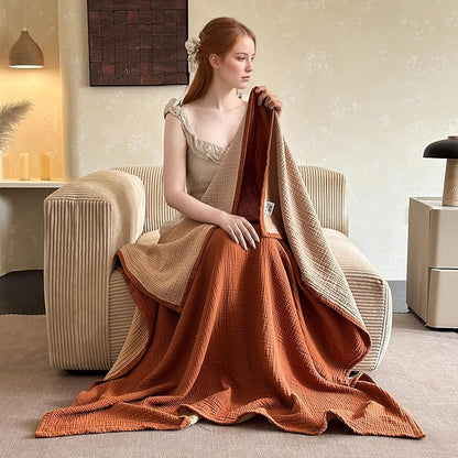 Simple&Opulence 100% Cotton Muslin Blanket Queen Size, Lightweight Breathable 4 Layering Gauze Blanket for Bed Couch Camping, Soft Bedspread Coverlet All-Season Use (Rust Orange, 88" x 92")