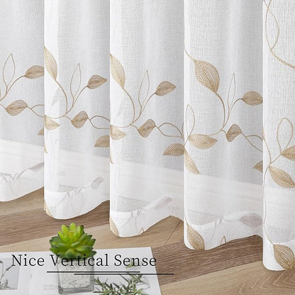 Tollpiz Taupe Leaf Sheer Curtain Leaves Embroidered Bedroom Curtains Rod Pocket Voile Window Treatments for Living Room, 38 x 63 inches Long, Set of 2 Panels