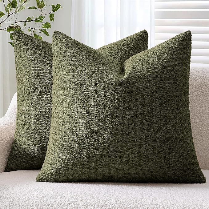ANRODUO Pack of 2 Textured Boucle Throw Pillow Covers Soft Moss Green Decorative Accent Solid Pillow Cases Cozy Modern Couch Cushion Case for Sofa Bedroom Living Room Spring Home Decor, 18 x 18 Inch