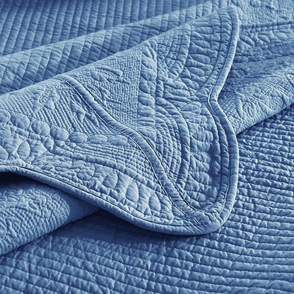 MarCielo 3-Piece 100% Cotton Oversized Bedspread Lightweight Quilt Coverlet Embroidery Farmhouse Bedding Set (TG Midtone Blue, Oversized Queen (100"x106"))