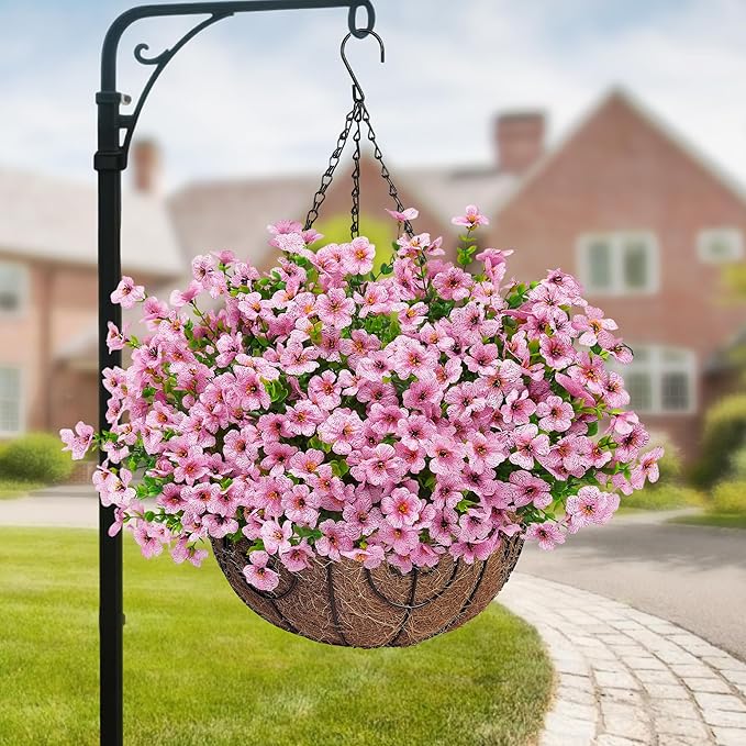 Artificial Fake Hanging Flowers Plants Basket for Outdoors Outside Spring Decoration,Hanging Planters with Faux Silk Flowers Realistic UV Resistant for Balcony Porch Patio Garden Fron Home Decor（Pink）