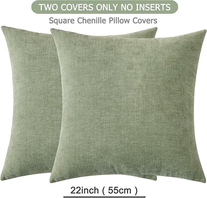 GAWAMAY Decorative Square Throw Pillow Covers 22"x22" Inch Set of 2, Super Soft Chenille Pillows Farmhouse Fall Pillowcase for Living Room Bedroom Sofa Couch Cushion Cover Sage Green 55x55cm
