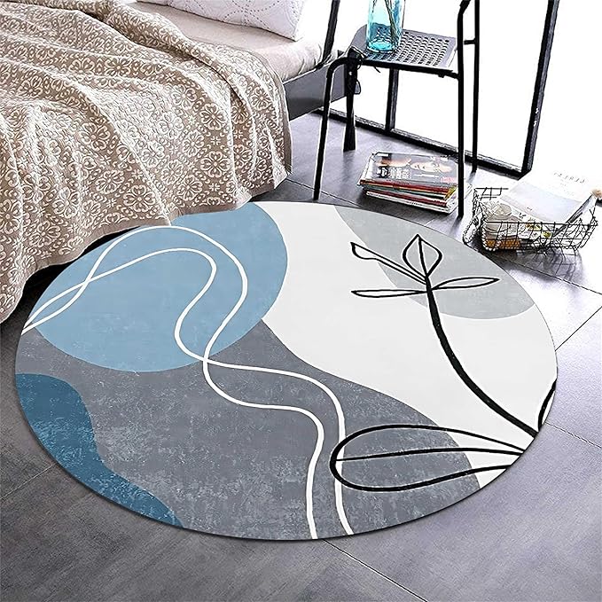 Mid-Century Round Area Rug, 3ft, Bohemian Washable Entryway Rug, Simple Modern Art Blue Bedroom Rug, Non-Slip Soft Living Room Round Rug for Kids Room Home Office Decoration