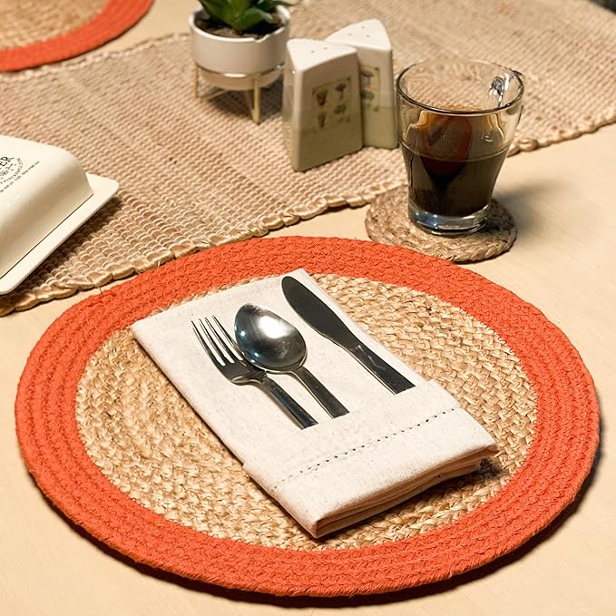 Chardin home Round Verona Woven Jute & Cotton Braided PLACEMAT (Set of 4), Size -14 inch, Round, Color - Natural Jute with Rust Orange Border