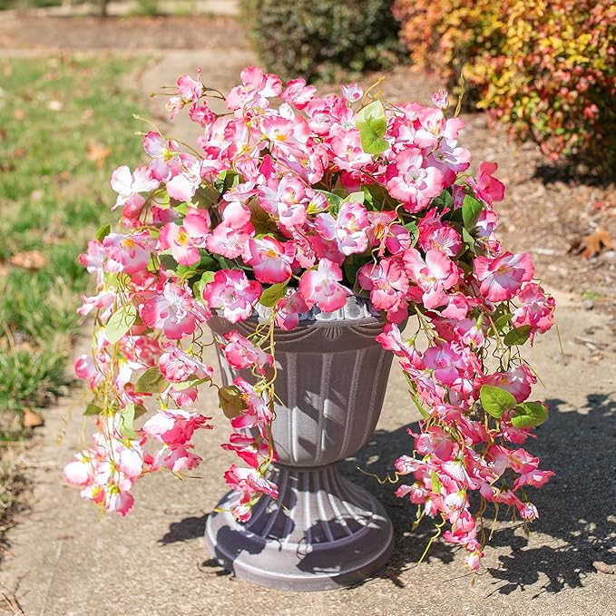 Fake Hibiscus Artificial Hanging Flowers Plants for Outdoors Spring Decoration, 2pcs Silk Hibiscus Vines Realistic UV Resistant Pink Faux Flowers for Outside Planter Porch Patio Yard Wedding Party Urn