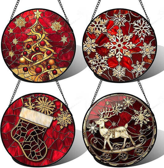 DASTOLL Stained Glass Window Hanging 4 Pcs Set Red Christmas Elk Snowflakes 7.8" - Deer Suncatcher Door Garden Sun Catcher Decor Birthday for Mom Woman Nana Men Friend