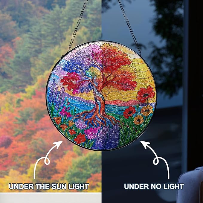 Stained Glass Window Hanging, Tree of Life Sun Catchers Stained Glass Panels for Indoor Windows Wall Art Decor, Birthday Graduation Gift for Mom Women Wife Men Lovers (7.87inch)