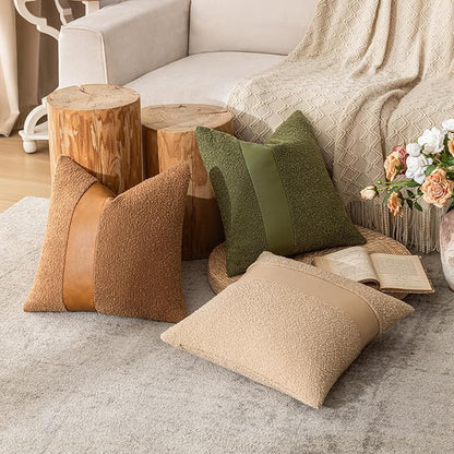 24"x24" Forest Green Boucle Pillow Covers with Faux Leather Accents Set of 2 Fluffy Textured Decorative Throw Pillow Cases for Couch Bed Boho Farmhouse Square Cushion Covers for Home Décor