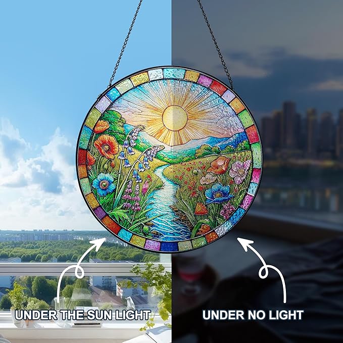 Stained Glass Window Hanging, Scenery Sun Catchers Stained Glass Panels for Indoor Windows Wall Art Decor, Birthday Gift for Mom Women Wife Men Lovers (7.87inch)