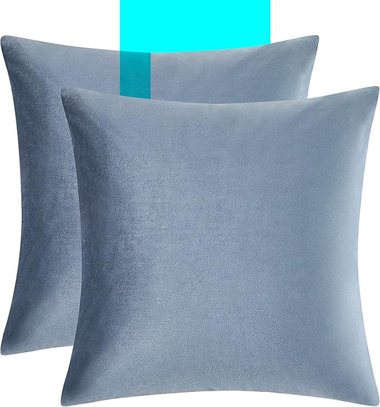 GIGIZAZA Stone Blue Velvet Decorative Throw Pillow Covers 20x20 for Sofa Living Room Soft Cushion Cover Pack of 2