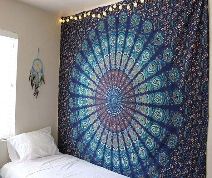 raajsee Blue Turquoise Tapestry- Best Mandala Wall Hanging- Bedding Tapestry For Bedroom Aesthetic-Size QUEEN 210 X 220 CMS