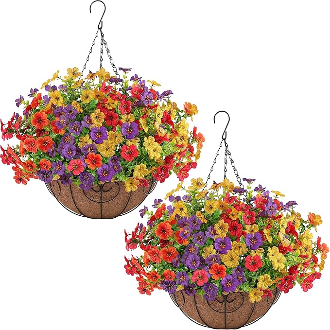 2 Set Artificial Faux Hanging Flowers Plants Basket for Outdoors Outside Spring Summer Decoration,2 Hanging Planters 24pcs Silk Fake Flowers UV Resistant Porch Patio Front Garden Home (4 Multicolor)