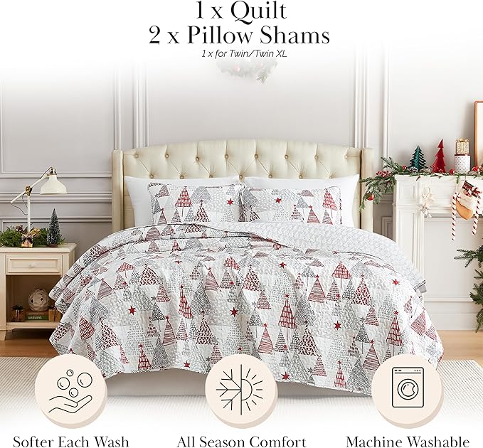 Southshore Fine Living, Inc. Full/Queen Size Christmas Quilt Set, Reversible Coverlet with 2 Shams, Holiday Queen Christmas Bedding Design - Red & Silver