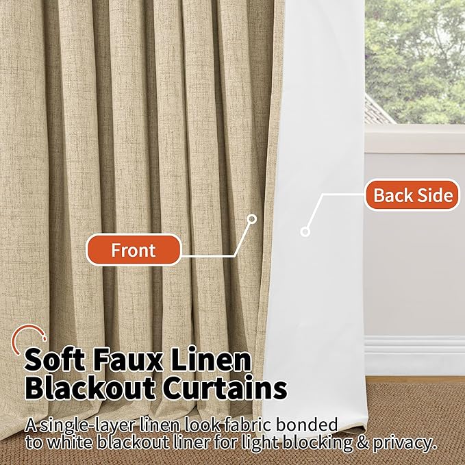 Lajode 100% Blackout Curtains 95 Inches Long for Living Room 2 Panels Set, Faux Linen Textured Floor Length 95 Inch Thermal Insulated Bronze Grommet Boho Window Drapes, Each 52" Wide, Burlap