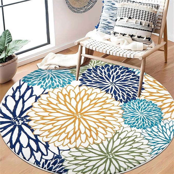 Bohemian Round Area Rug, 3.3ft, Soft Non-Slip Round Rug, Mandala Area Rug, Floral Round Rug, Suitable for Living Room Bedroom Sofa Bedside Children's Room Non-Slip Washable Floor Mat
