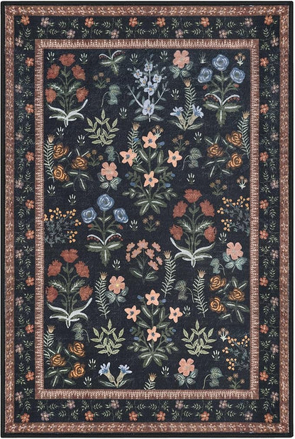 Boho Entryway Rug 2x3 Washable, Black Navy Floral Kitchen Rug, Super Thin Faux Wool Small Area Rug, Non-Slip Soft Carpet for Foyer, Bedroom, Office