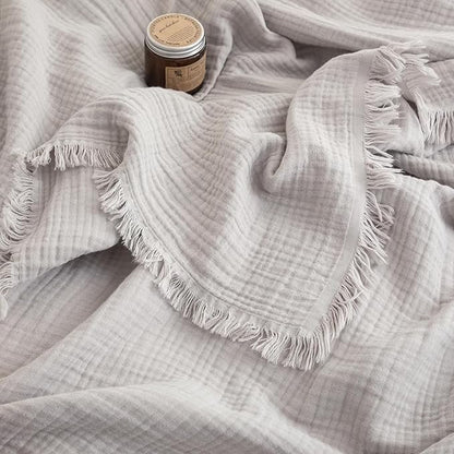 FOSSA Muslin Blanket with Fringe - 4-Layer 100% Cotton Gauze Super Soft & Breathable Throw -Lightweight Decorative Cooling Blanket for Bed, Sofa, Office (Grayish, Queen (90" × 90"))