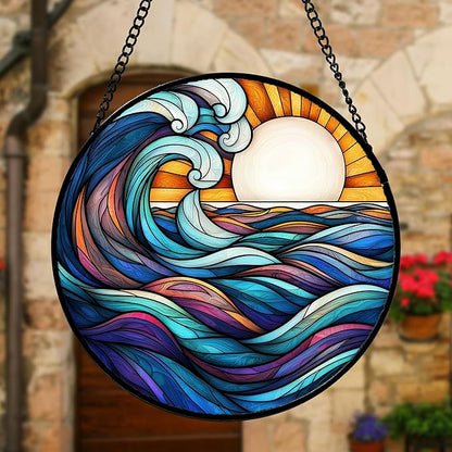 DASTOLL Stained Glass Window Hanging, Big Wave Sun Suncatcher Diamond Glass Panel Hangings Abstract Sun Catchers Decor for Birthday for Women, Men, Wife, Aunt,and Mom 6.3X6.3IN