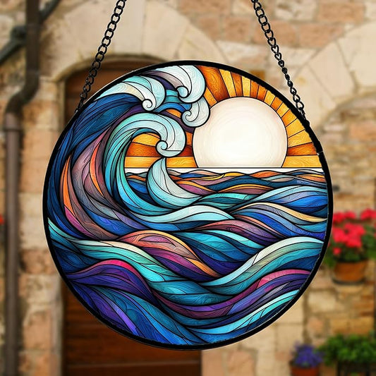 DASTOLL Stained Glass Window Hanging, Big Wave Sun Suncatcher Diamond Glass Panel Hangings Abstract Sun Catchers Decor for Birthday for Women, Men, Wife, Aunt, and Mom 11.8x11.8 in