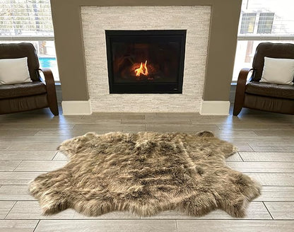 Free Shape Luxury Soft Fluffy Shag Area Rug Single Quarto 4 Pelts 4'x6',120x180 cm - Vegan Fur Ultra Soft Indoor Carpet Nursery Rugs for Bedroom Home Decor, Brown with Beige Tips